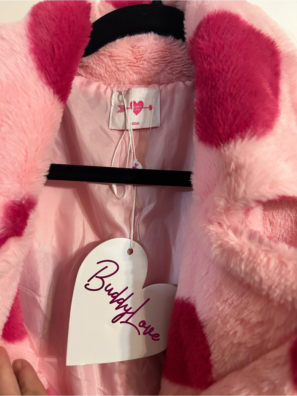 Buddy Love Pink Faux Fur Coat with Dark Pink Heart Print - Picture 4 of 10